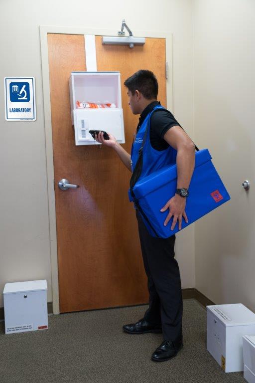 Courier with medical specimen delivery scanning lock box